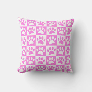 Coussin Joli motif à empreintes de pattes roses et damier