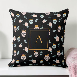 Coussin Joli motif de crâne noir rose monogrammé Halloween