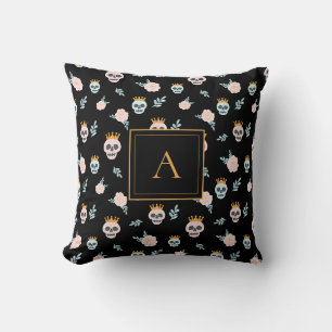 Coussin Joli motif de crâne noir rose monogrammé Halloween