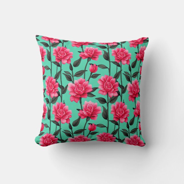 Coussin Joli Motif Fleur Rose avec des tiges et Feuilles (Recto)