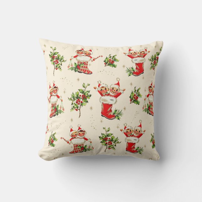 Coussin Joli Noël Vintage Rétro Rouge Vert Elfes (Recto)
