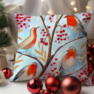 Coussin Joli Oiseau Rouge Robin Bleu Noël Famille