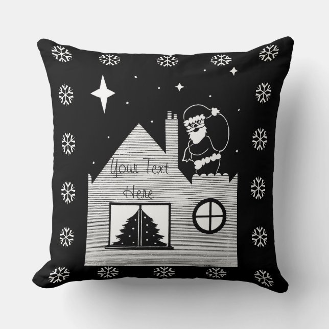 Coussin Joli père Noël avec sac sur le toit monochrome noë (Recto)