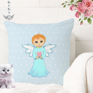 Coussin Joli petit ange en turquoise tenant un cœur