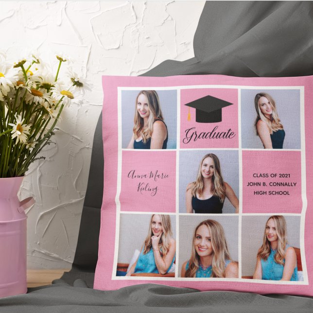 Coussin Joli Pink Graduation Senior Portrait Photo Collage (Créateur téléchargé)
