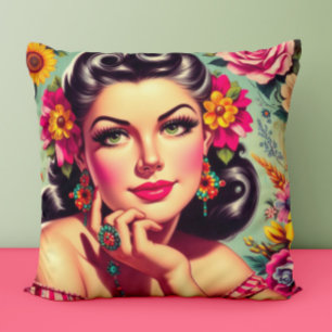 Coussin Joli portrait pin-up floral rétro