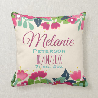 Coussin Joli rose Floral Baby Girl Birth Stats & Name