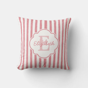 Coussin Joli rose peint rayures Monogramme et nom