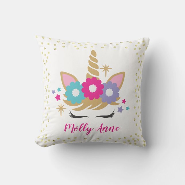 Coussin Joli visage de licorne en or rose avec cils magiqu (Recto)