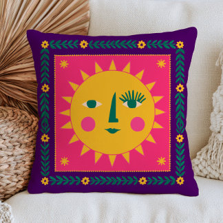 Coussin Joli visage de soleil bohème rose et violet célest