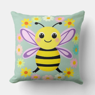 Coussin Jolie abeille de dessin animé entourée de fleurs c