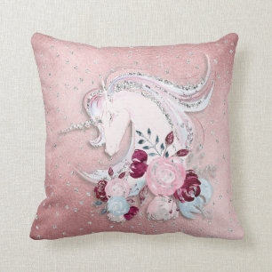 Coussin Jolie aquarelle Unicorn rose argent