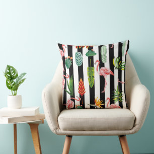 Coussin Jolie bande blanche noire avec Flamant rose Cactus