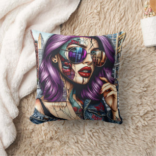 Coussin Jolie Dame Abstraite colorée aux cheveux violets