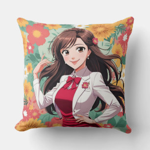 Coussin Jolie dame Anime avec Arrière - plan Floral imprim