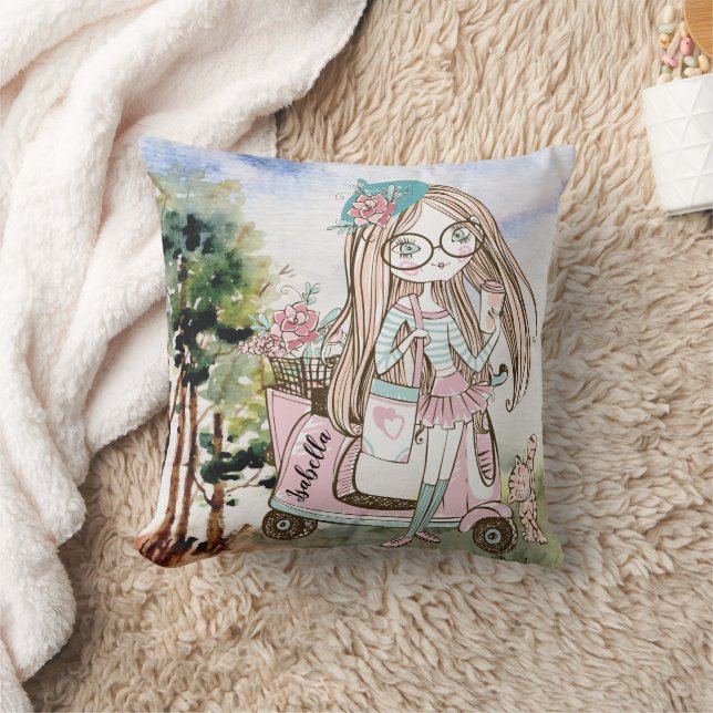 Coussin Jolie fille Boss sur Scooter Nom personnalisé (Couverture)