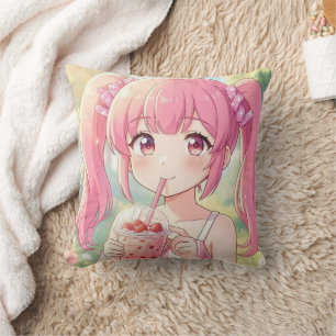 Coussin Jolie Fille d'Anime en Rose Buvant du Thé à Bulles
