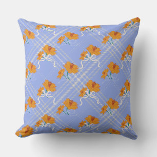 Coussin Jolie fleur orange sans couture sur carreaux bleus