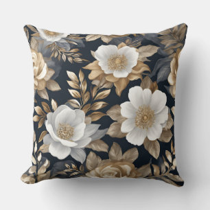 Coussin Jolie florale bleu marine or blanc