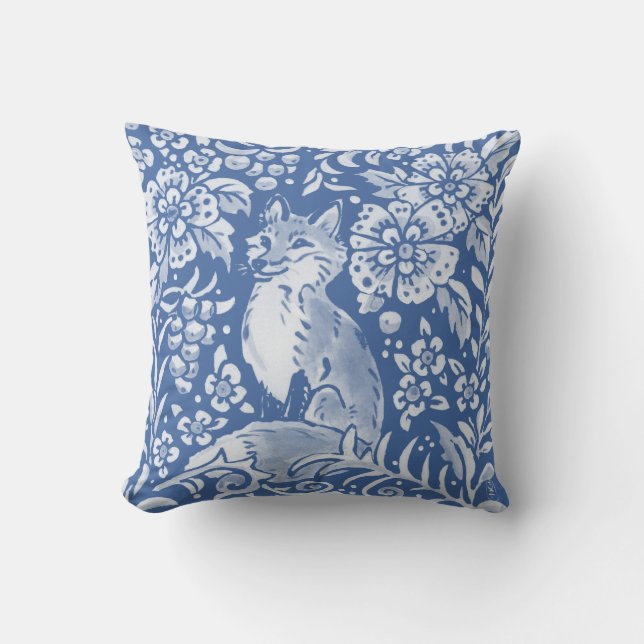 Coussin Jolie Forêt de renard Bleu Nature Florale Bois (Recto)