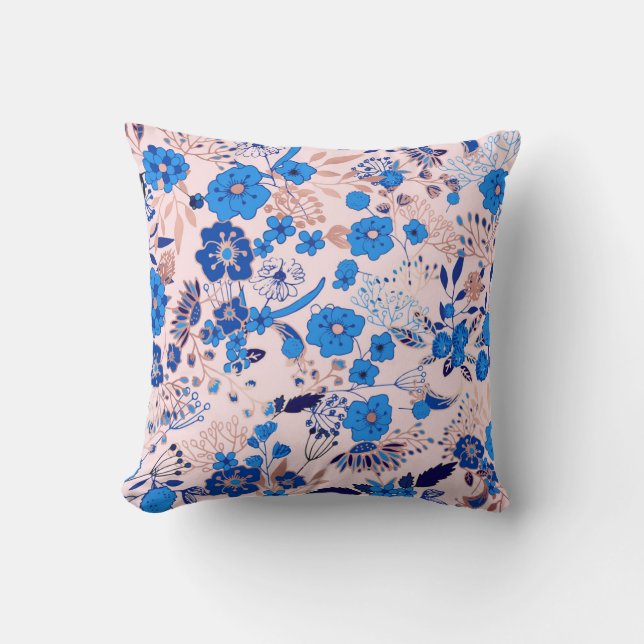Coussin Jolie illustration florale bleu bleu azur rose (Recto)