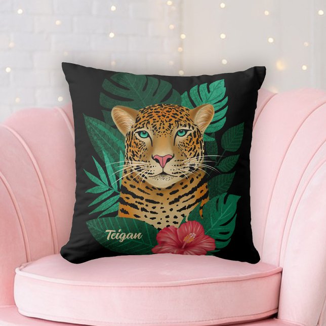 Coussin Jolie jungle léopard Art Floral | Noir | Nom (Créateur téléchargé)