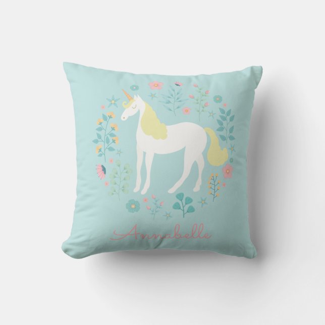 Coussin Jolie licorne & Fleurs Aqua personnalisée (Recto)