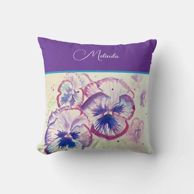 Coussin Jolie Pansy Violet Pastel Floral Aquarelle  (Recto)