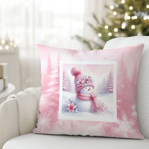Coussin Jolie peluche de bonhomme de neige rose Scène hive