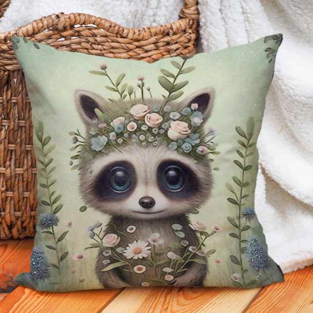 Coussin Jolie petite nurserie de raton laveur boisé (Cute baby raccoon woodland nursery pillow)