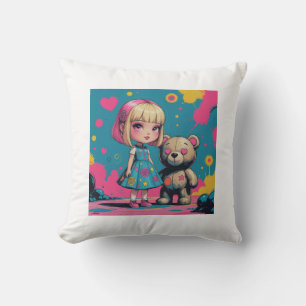 Coussin Jolie poupée avec ours en peluche