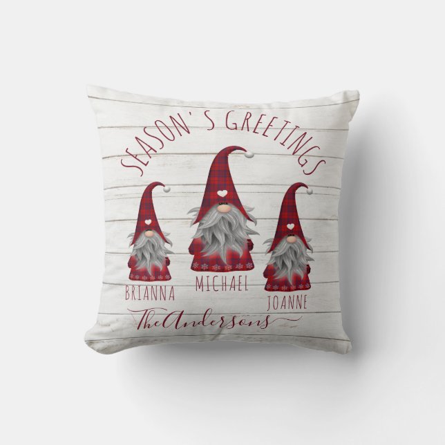 Coussin Jolie Rustique Bois Plaid Noël Famille Gnomes (Recto)