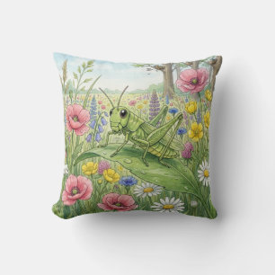 Coussin Jolie sauterelle et fleurs Petits insectes