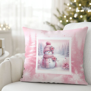 Coussin Jolie scène de Noël avec bonhomme de neige rose Co