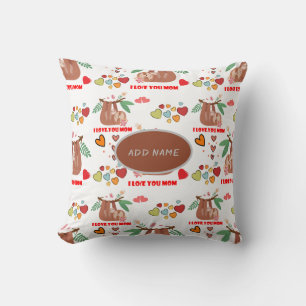 Coussin Jolie Sloth Brown Motif Je t'aime Maman Coeurs