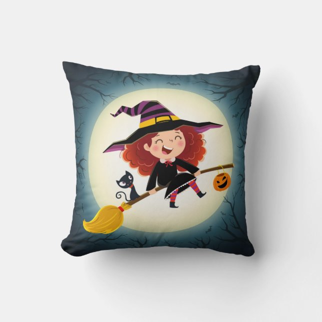Coussin Jolie sorcière Halloween en chambre avec chat et C (Recto)