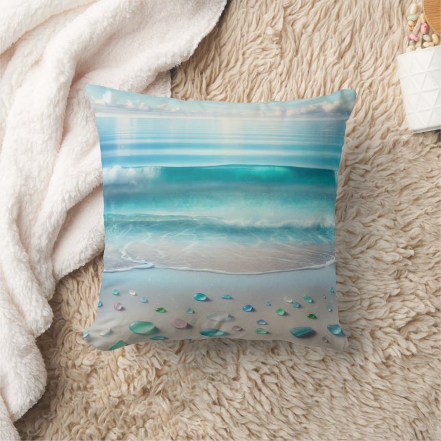 Coussin Jolie vague bleu océan et verre de mer (Couverture)