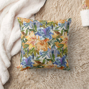 Coussin Jolies fleurs de lis tigrées orange et bleues 