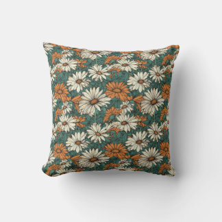 Coussin Jolies fleurs de marguerite, vert, orange et crème