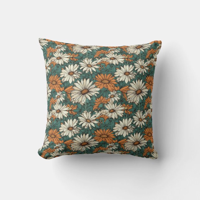 Coussin Jolies fleurs de marguerite, vert, orange et crème (Recto)