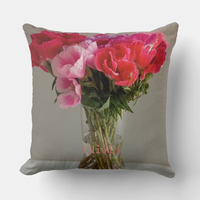 Coussin Jolies Fleurs Pour Février Photo+Nom Personnalisé (Recto)