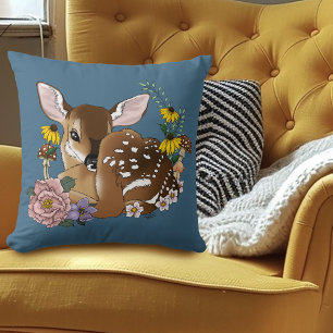 Coussin Jolies Fleurs Sauvages Faon Bleu Bébé Cerf Forêt