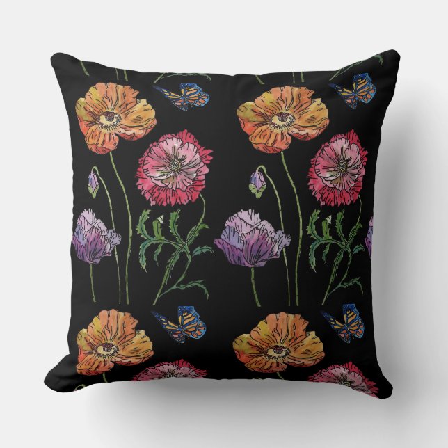 Coussin Jolies Poppies Fleurs d'Aquarelle Noire Floral (Recto)