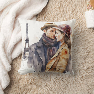 Coussin Jolis couples romantiques à l'aquarelle à Paris je