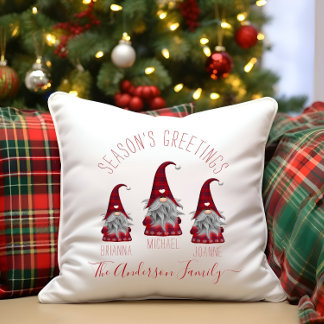 Coussin Jolis lutins de Noël personnalisés à carreaux rust
