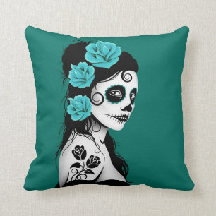 Coussin Jour bleu turquoise de la fille morte de crâne de