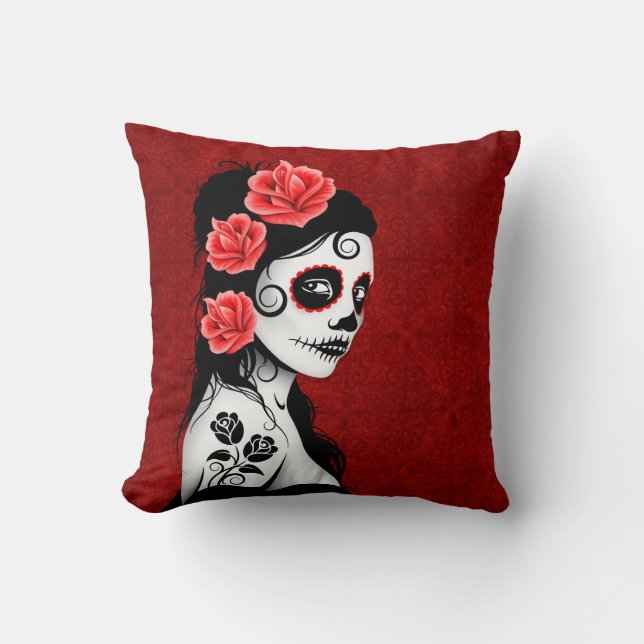 Coussin Jour de la fille morte de crâne de sucre - rouge (Recto)