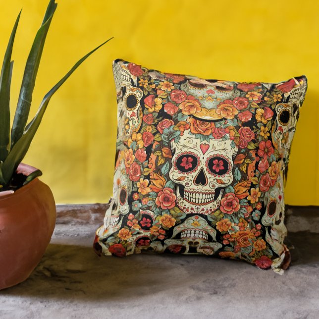 Coussin Jour de la mort crâne de sucre floral (Créateur téléchargé)