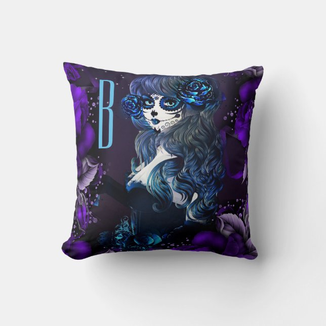 Coussin Jour de la mort mexicaine crâne sucre fille pourpr (Recto)