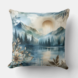 Coussin Jour de la pluie Aquarelle Mountain Lake Boho rust